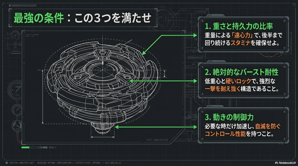 ベイブレードXで最強になるために必要な重さの比率とバースト耐性と動きの制御力の3要素を図解したものです。