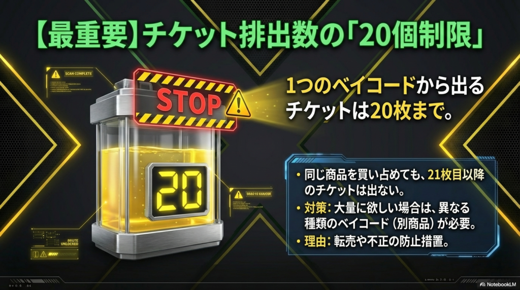 1つのベイコードに対するチケット排出上限は20枚 1つのベイコードから入手できる交換チケットは20枚までという制限と、それに対する購入戦略の必要性を警告するスライドです。