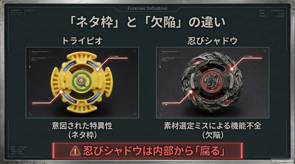 ネタ枠のトライピオと欠陥品の忍びシャドウの比較 意図された特異性を持つトライピオとは異なり、忍びシャドウは素材選定ミスによる機能不全という内部からの欠陥であることを対比した図。