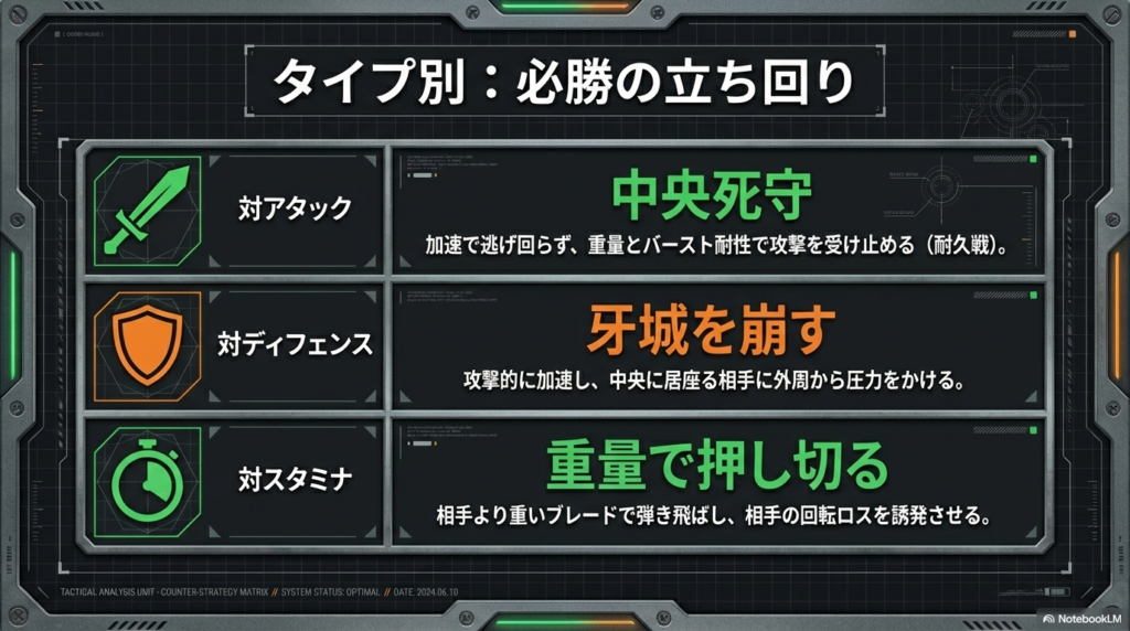 アタックとディフェンスとスタミナそれぞれのタイプに対するバランスタイプの有利な立ち回り一覧表です。