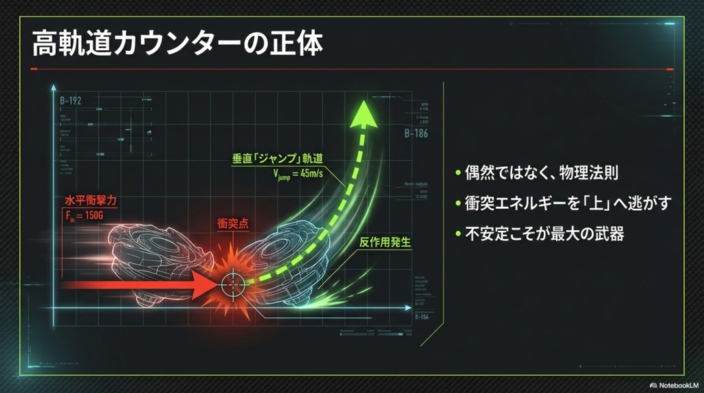 垂直ジャンプ軌道と水平衝撃力のメカニズム ベイブレード同士が衝突した際、水平方向の衝撃力が垂直方向のジャンプ軌道へ変換される物理的な仕組みを図解しています。