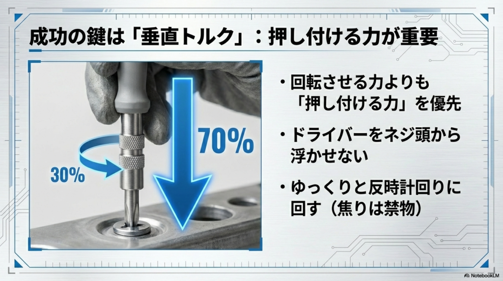 ネジを回す力よりも押し付ける力を70パーセント優先し、ドライバーを浮かせないようにする垂直トルクの技術図解。