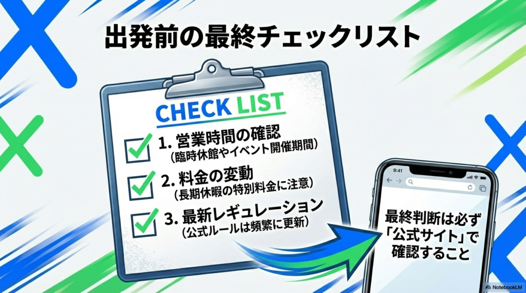 ベイブレード遊び場へ行く前の最終確認チェックリスト 営業時間、料金変動、最新レギュレーションなど、出発前に公式サイトで確認すべき項目のリスト