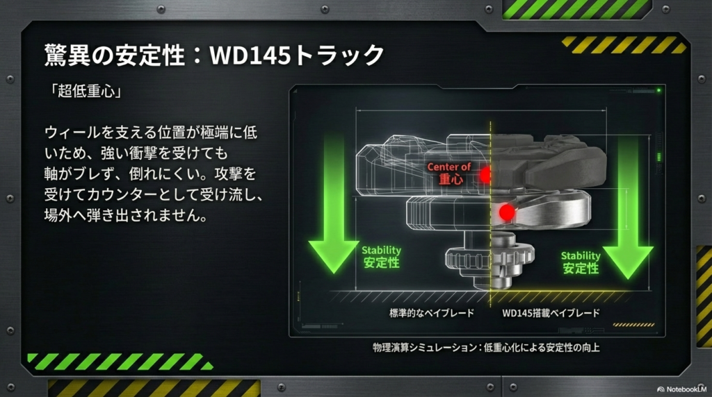 標準的なベイブレードとWD145搭載時の重心位置を比較し、低重心化による安定性の向上を物理演算で示した図。