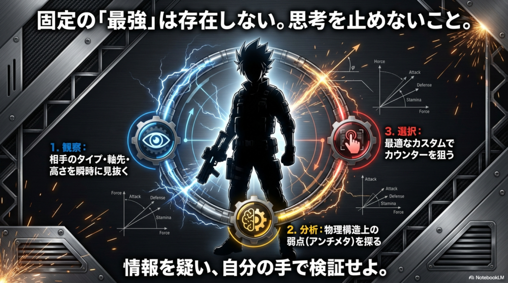 相手のベイを観察し、物理構造上の弱点を分析し、最適なカスタムを選択するという、大会で勝つための思考プロセスをまとめたチャート。