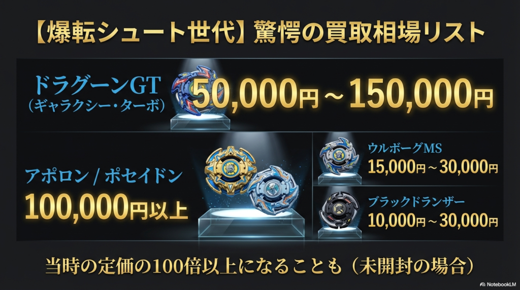 初代ベイブレードの中でも特に高額な、ドラグーンGTやブラックドランザーなどが数万円から十万円以上で取引されている具体的な買取相場リストです。
