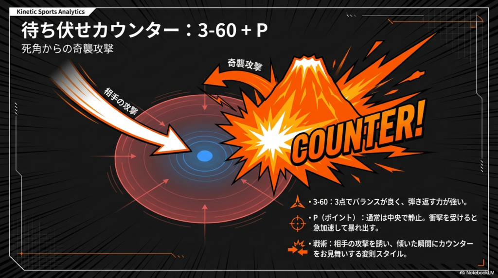 スタジアムの中央で静かに待ち伏せし、相手から攻撃された瞬間に急加速して死角から強烈な反撃をお見舞いする変則的な改造について説明しています。
