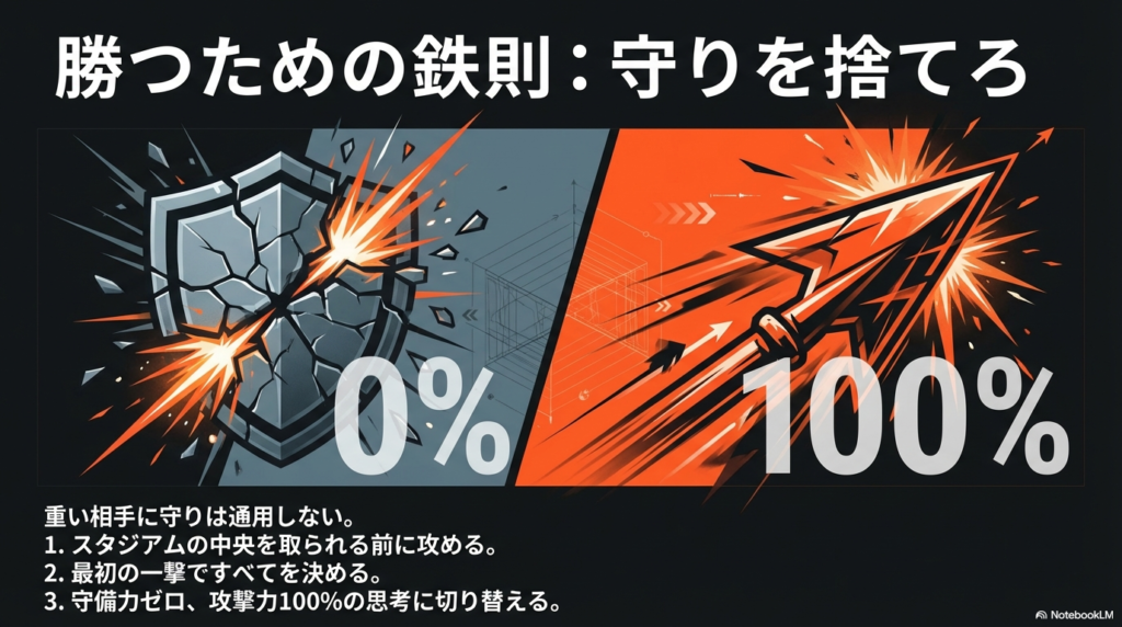 軽いコマが重いコマに勝つためには、守りを完全に捨てて、相手が中央に陣取る前に最初の一撃で勝負を決める必要があることを伝えています。