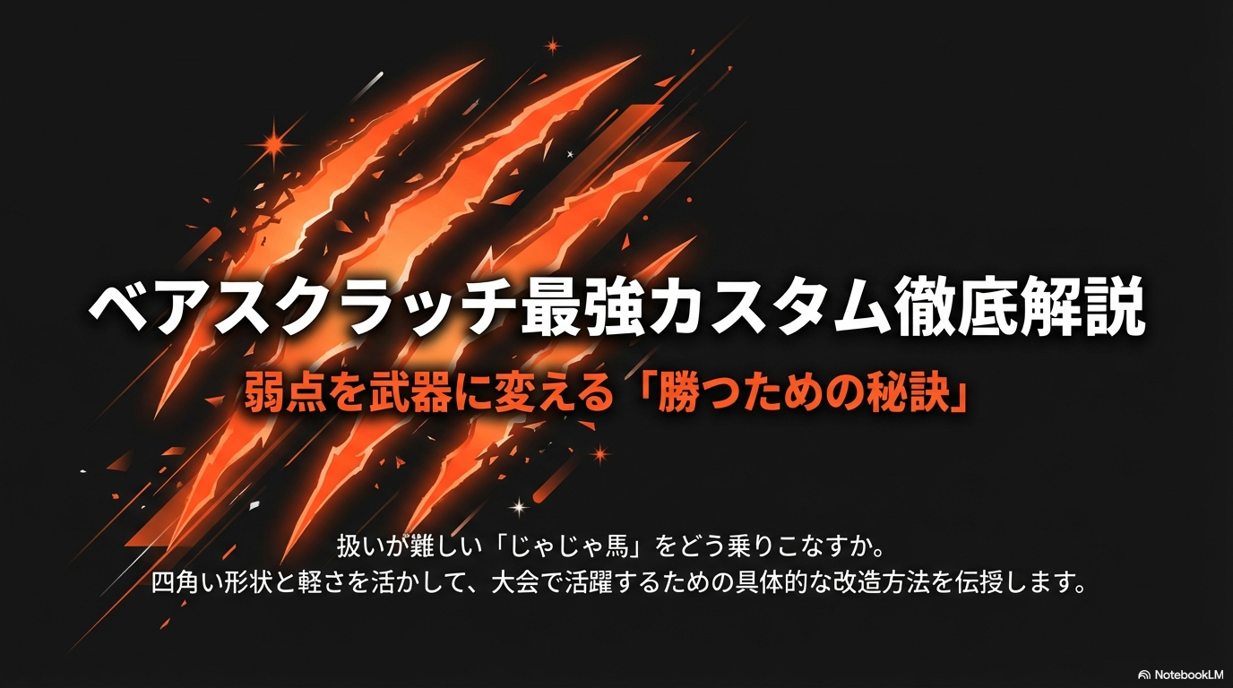 ベアスクラッチの弱点をカバーし、大会で勝つための具体的な改造方法を解説したスライドの表紙です。