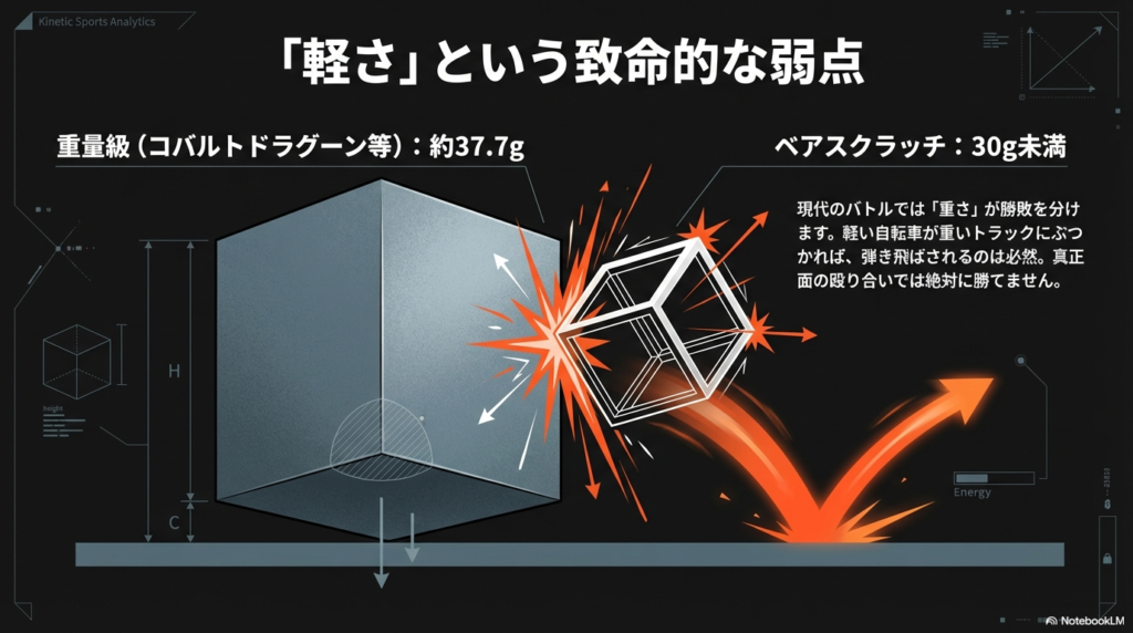 ベアスクラッチは重さが30グラム未満と非常に軽いため、重いコマに真正面からぶつかると弾き飛ばされてしまうことを自転車とトラックに例えて説明しています。