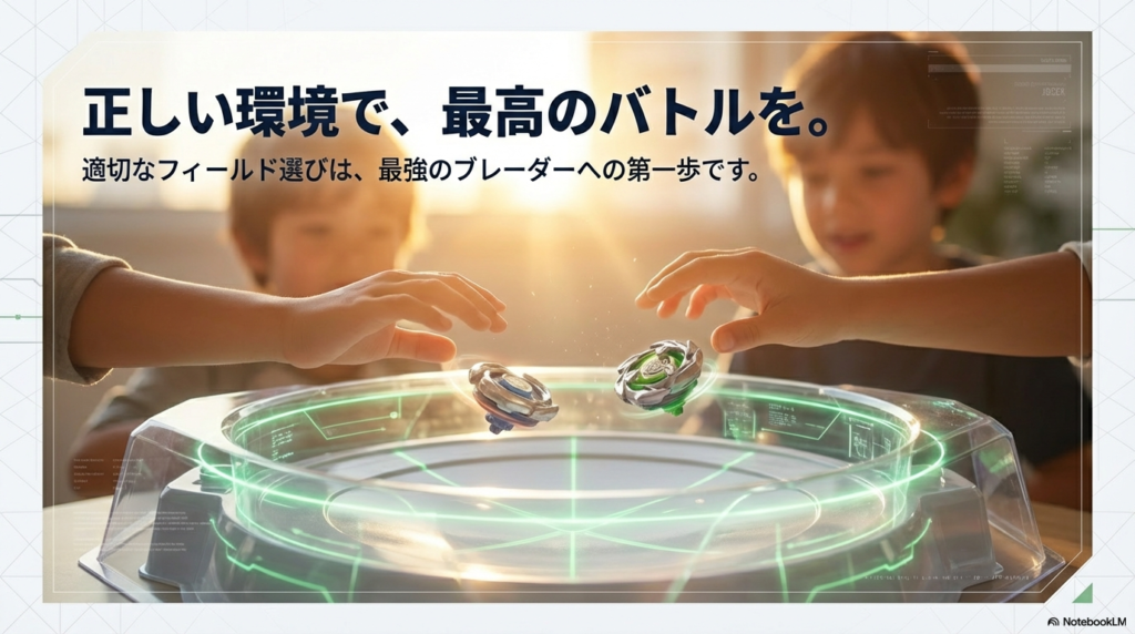 正しい環境で楽しむベイブレード 適切なスタジアムを選び正しい環境で最高のバトルを楽しむことを推奨するまとめのスライド画像です。