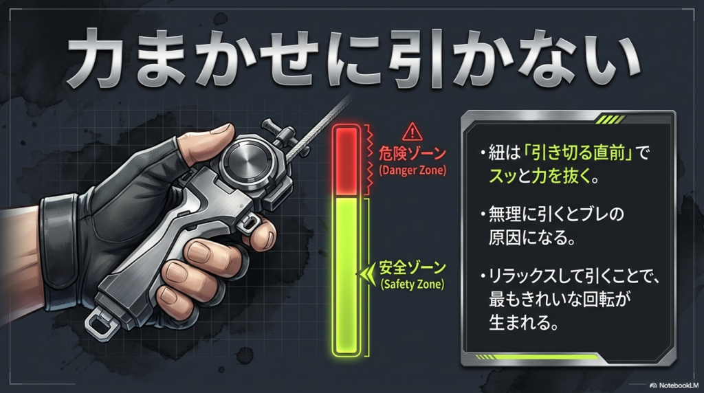 コマを回す紐は力任せに最後まで引くのではなく、引き切る直前でスッと力を抜くことで、ブレのないきれいな回転が生まれることを説明しています。