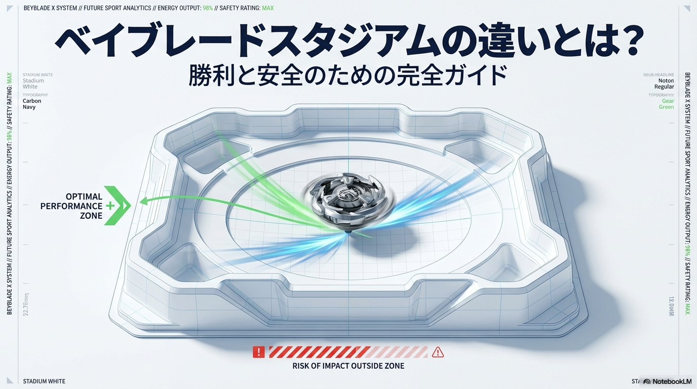 ベイブレードスタジアムの違いと選び方を初心者向けに解説するスライド資料の表紙画像です。