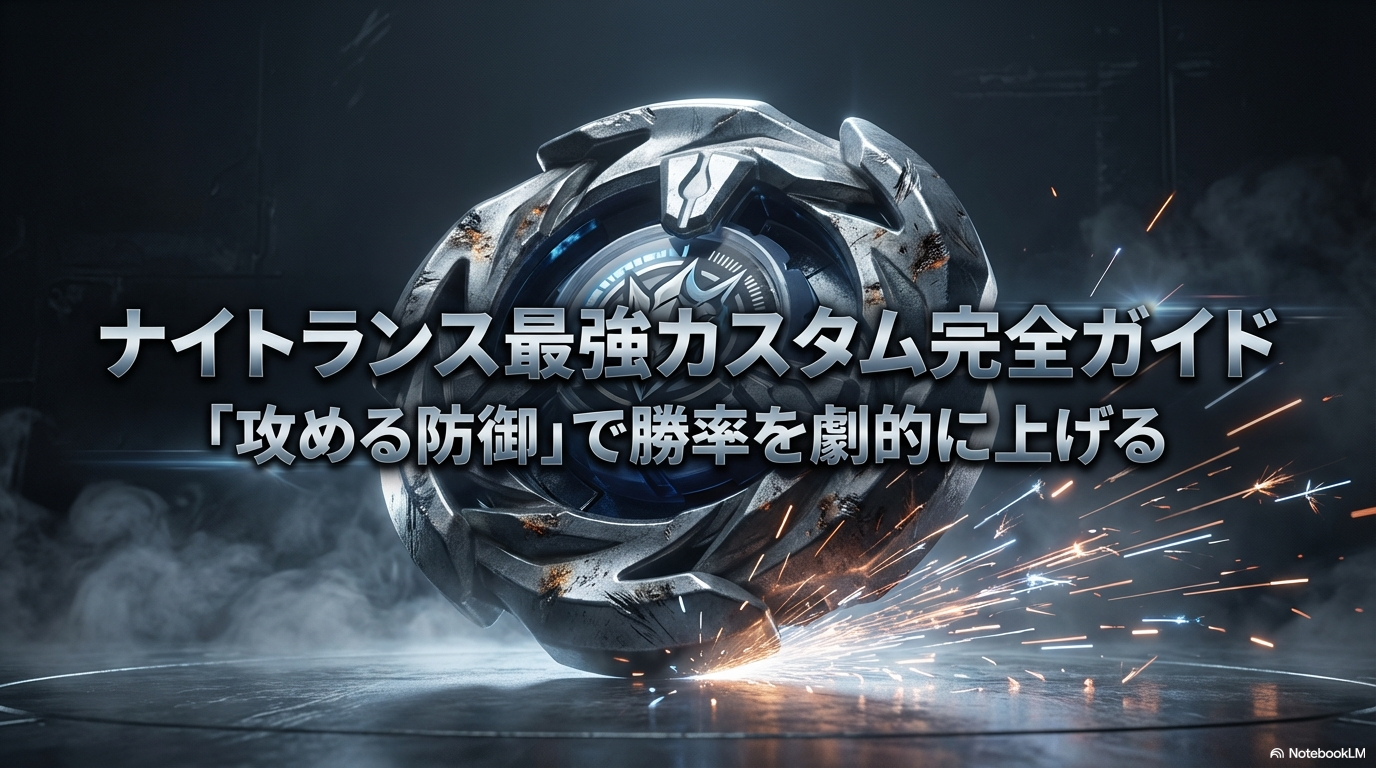 ベイブレードXのナイトランスにおける最強カスタムの作り方と、勝率を上げるための攻める防御について解説したスライドの表紙画像です。