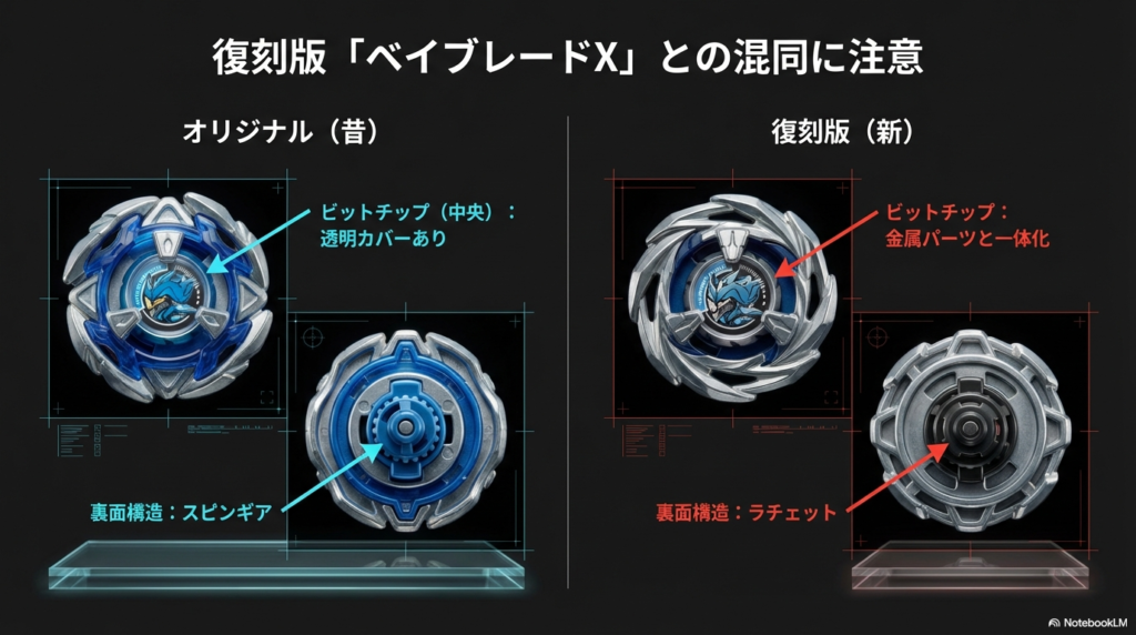 ビットチップの透明カバーの有無や、裏面のスピンギア構造とラチェットの違いなど、昔のオリジナル版ベイブレードと最新の復刻版を見分けるための比較画像です。