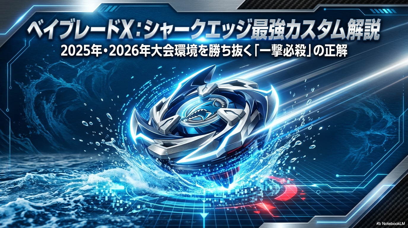 ベイブレードXのシャークエッジを使って、大会を勝ち抜くための最強の組み合わせと戦い方を解説したスライドの表紙です。