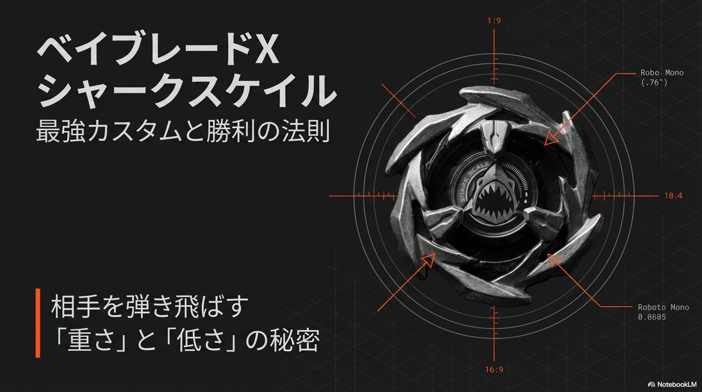 ベイブレードXのシャークスケイルを使った最強の組み合わせと、相手を弾き飛ばすための重さと低さの秘密について解説した表紙画像です。