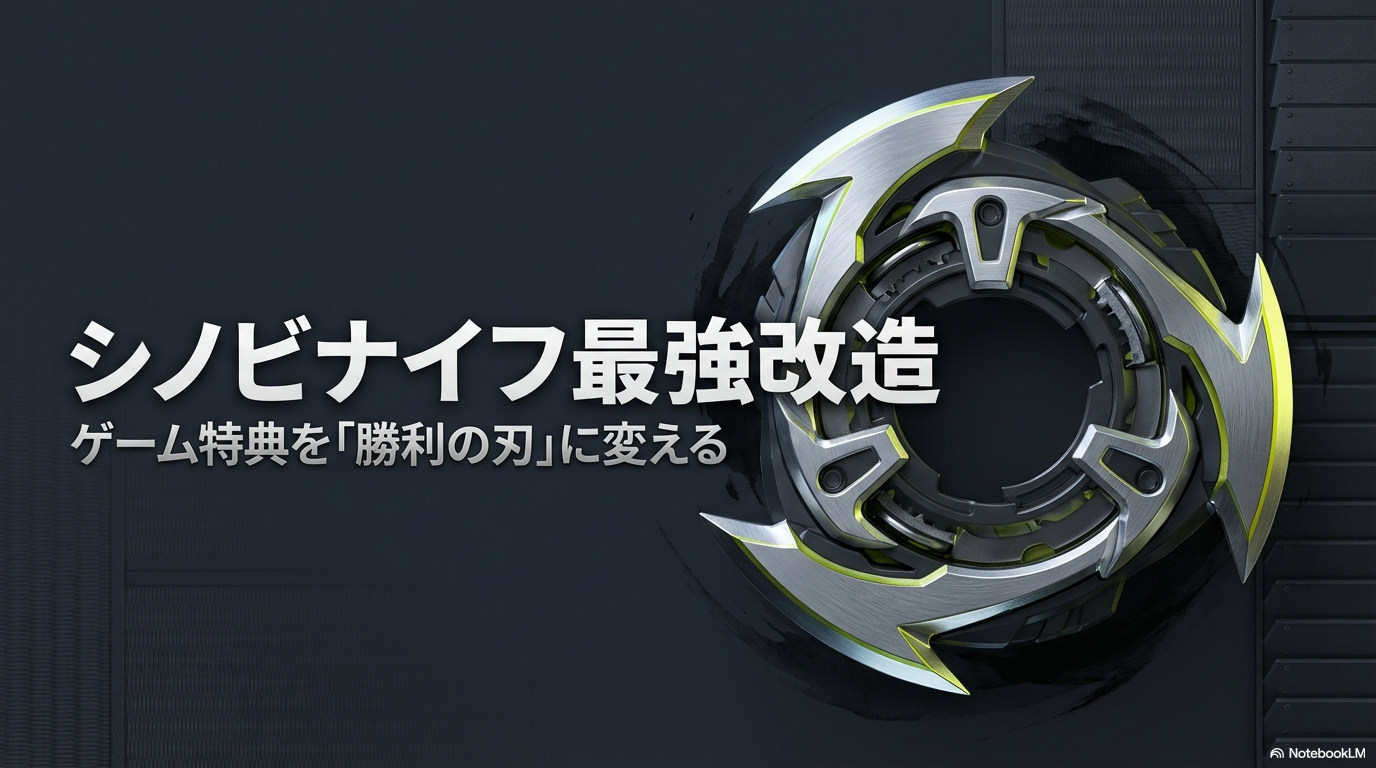 ゲームの特典であるシノビナイフを、試合で勝てる最強のコマへと改造するためのポイントをまとめた表紙です。