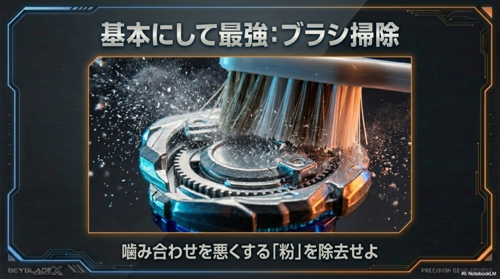 歯ブラシを使用してラチェットの隙間に詰まったプラスチックの粉を除去し、パーツの噛み合わせを改善するメンテナンス方法のイメージです。