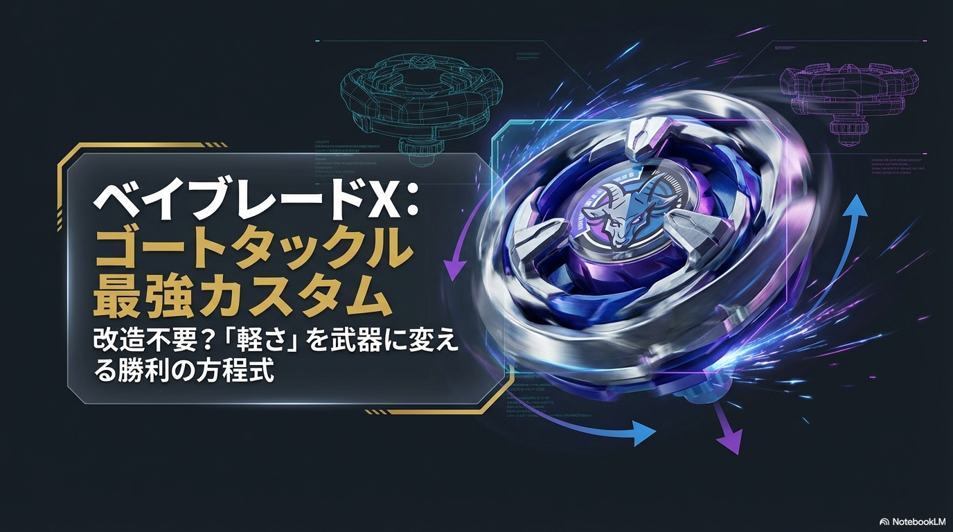 ベイブレードXのゴートタックルにおける最強のカスタムが、改造不要で軽さを武器にする戦術であることを解説したスライドの表紙画像。
