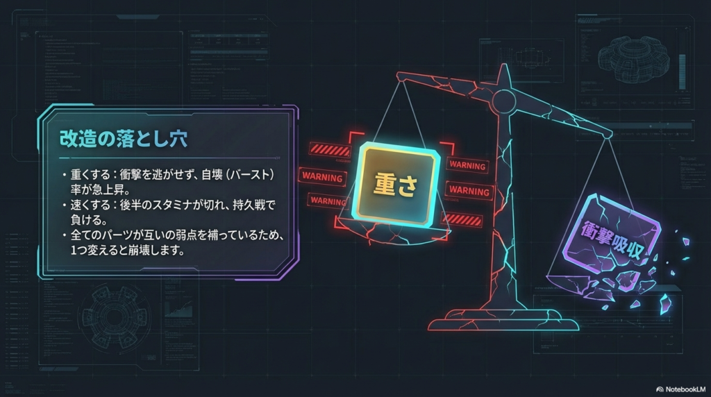 無理に重くしたり速くしたりすると、部品同士が補い合っていたバランスが崩れてしまい、壊れやすくなったりスタミナが切れたりする落とし穴を警告したスライド。