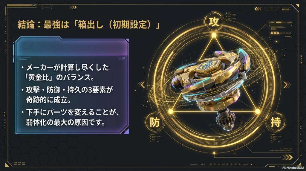 ゴートタックルは攻撃・防御・長く回り続ける力のバランスが最初から奇跡的に成立しており、そのままの初期設定が一番強いことを示したスライド。