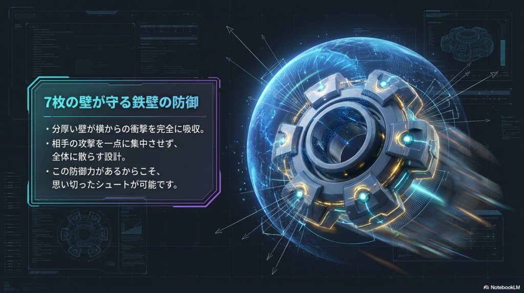 分厚い7つの壁が横からの攻撃をしっかり吸収し、衝撃を全体に散らすことで高い防御力を生み出している仕組みを解説したスライド。