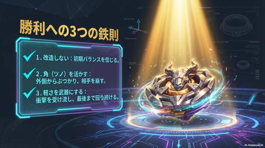 改造せずに初期のバランスを信じること、角の形を活かして相手を崩すこと、軽さを武器に衝撃を受け流すことという、勝利するための3つの鉄則をまとめたスライド。