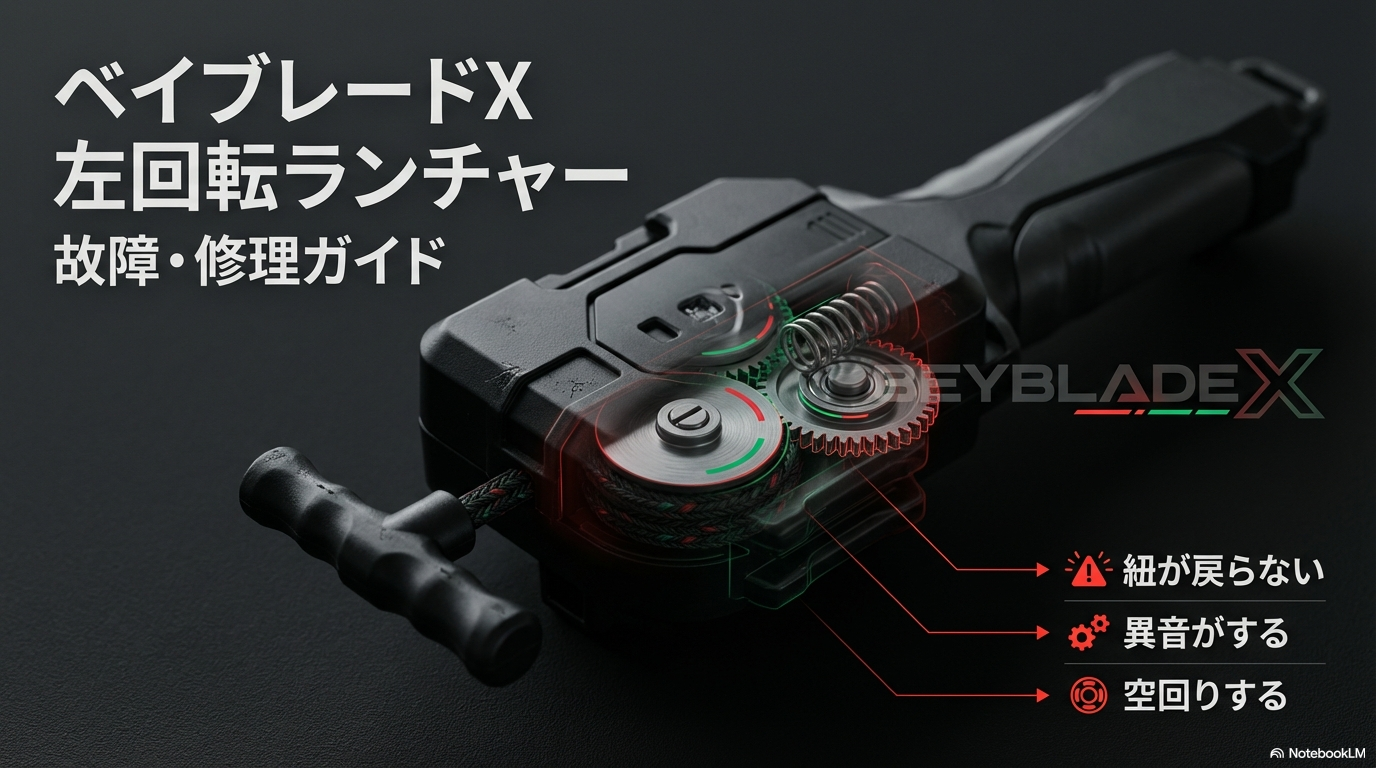 ベイブレードXの左回転ランチャーが故障した際に役立つ、修理ガイドと対処法の解説記事のタイトルスライドです。