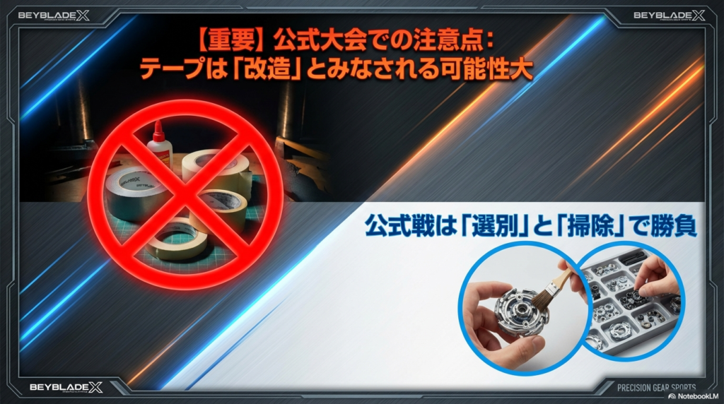 公式大会においてテープを使った補強は改造とみなされる可能性が高いため、選別と掃除で勝負すべきであることを伝えるスライドです。