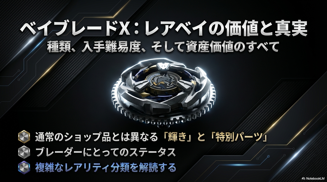 輝くボディを持つベイブレードXのレアベイ各種と種類の解説スライドの表紙