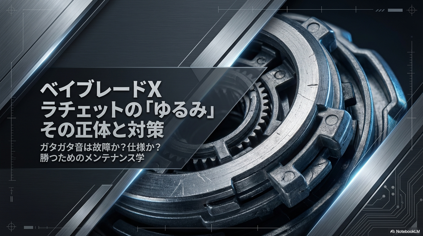 ベイブレードXのラチェットがゆるい原因とその正体、具体的な対策について解説したスライド資料の表紙画像です。