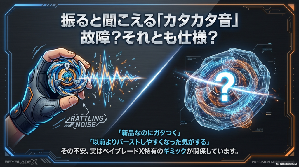 ベイブレードX本体を振った時に聞こえるカタカタという音が、故障なのか仕様なのかを問いかけるイメージ画像です。