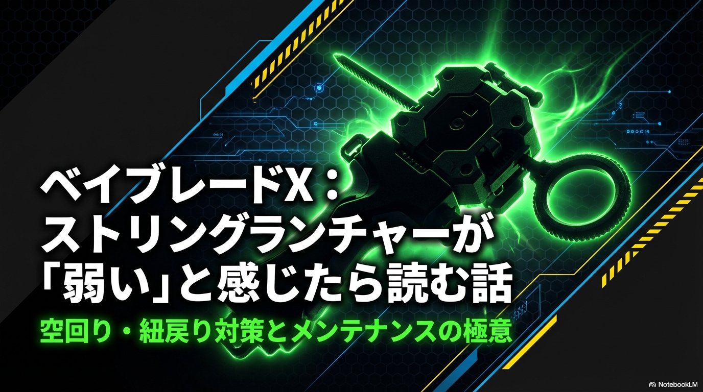 ベイブレードXのストリングランチャーが弱いと感じた時に読む、空回りや紐戻り対策とメンテナンスの極意をまとめた資料の表紙。