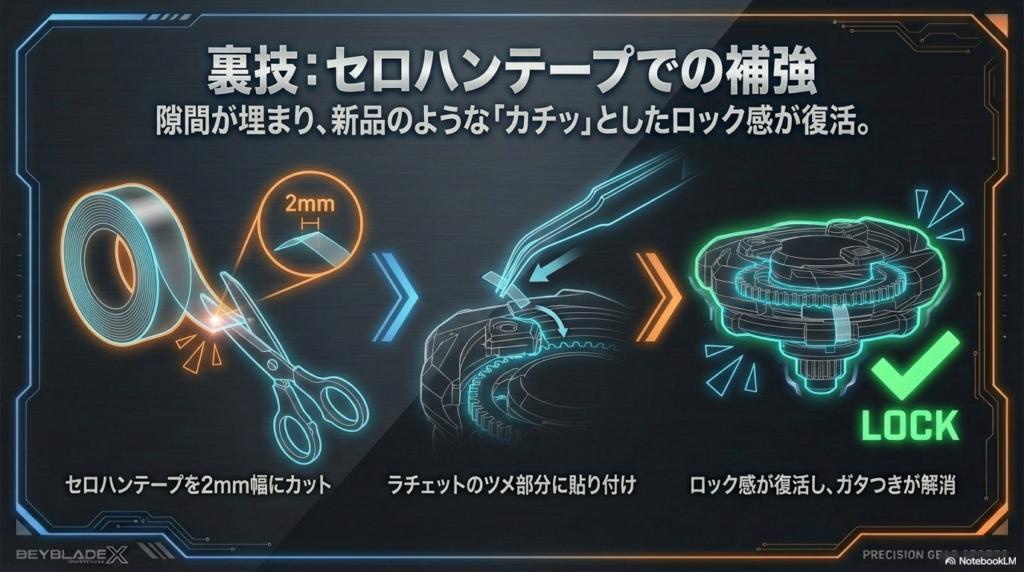 セロハンテープを2mm幅にカットし、ラチェットのツメ部分に貼り付けてロック感を復活させる具体的な手順を解説した画像です。