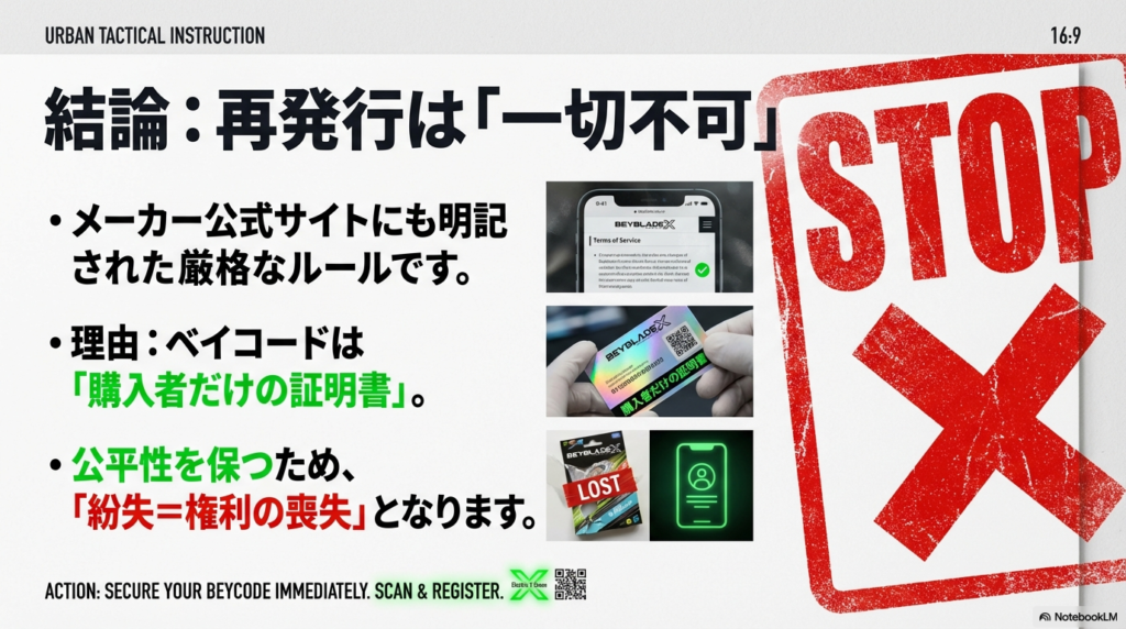 ベイコード再発行不可の公式ルールと理由 ベイコードは購入者だけの証明書であり、紛失すると権利を喪失するため再発行は一切不可という公式ルールを解説しています。