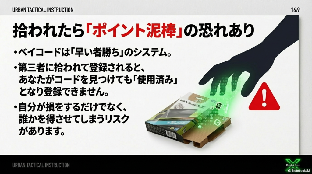 紛失したコードが他人に使用されるリスク 捨てたベイコードを第三者に拾われてポイントを登録されると、自分が損をするだけでなく泥棒被害に遭うリスクがあることを警告しています。