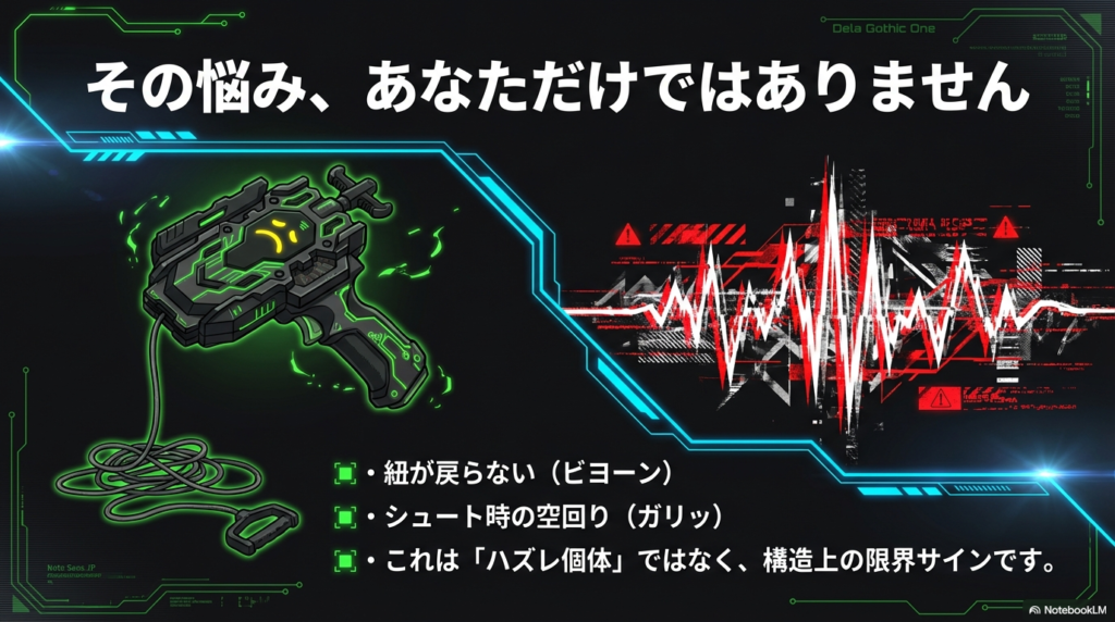紐が戻らずビヨーンと伸びた状態や、シュート時にガリッと音がして空回りする悩みなど、多くのユーザーが抱えるトラブル事例。