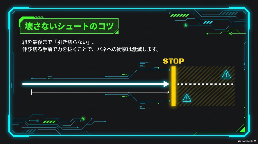 紐を最後まで引き切らず、伸び切る手前で力を抜くことでバネへの衝撃を激減させる、壊さないシュート方法の図解。