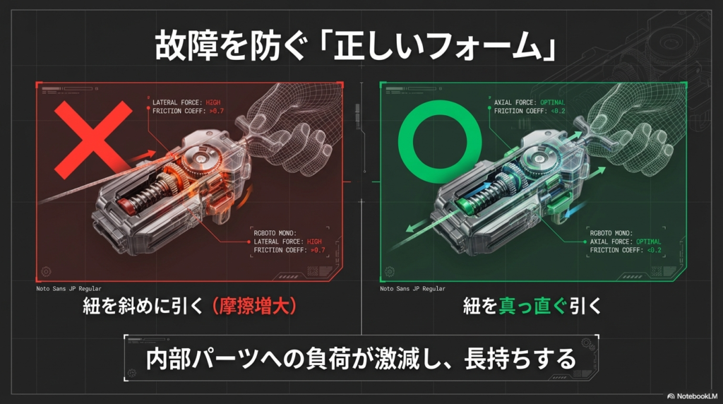 紐を斜めに引くのではなく真っ直ぐ引くことで、内部パーツへの負荷を減らし摩擦を抑える正しいシュートフォームの比較図です。