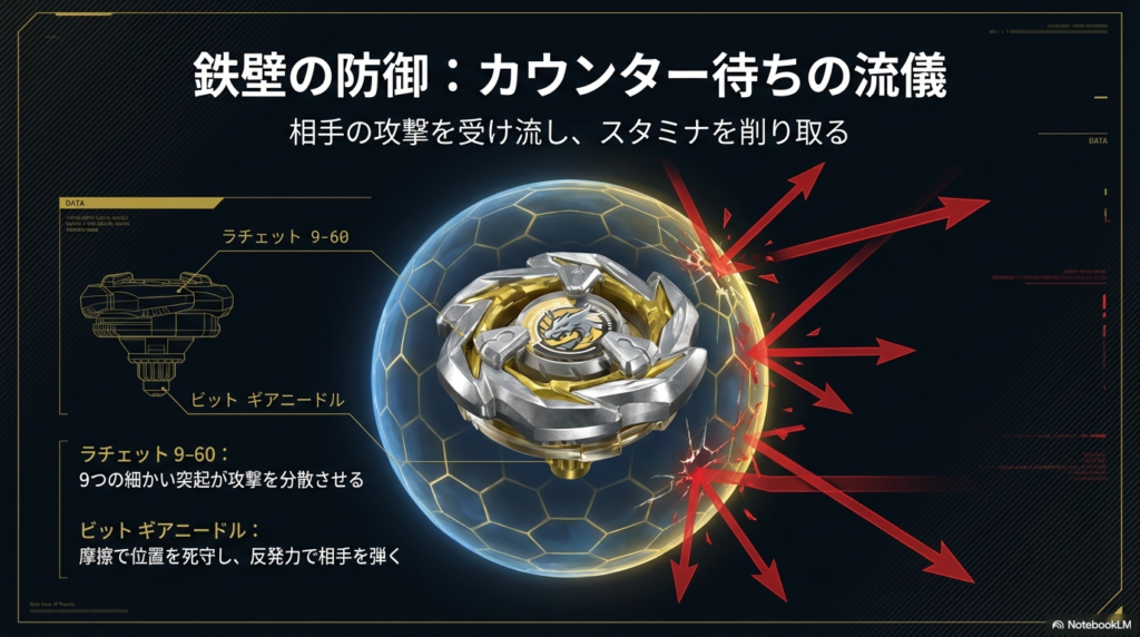 相手の激しい攻撃を細かい突起で受け流し、スタジアムの中央でしっかりと耐えるための鉄壁の防御カスタム、ラチェット9-60とギアニードルを紹介しています。 