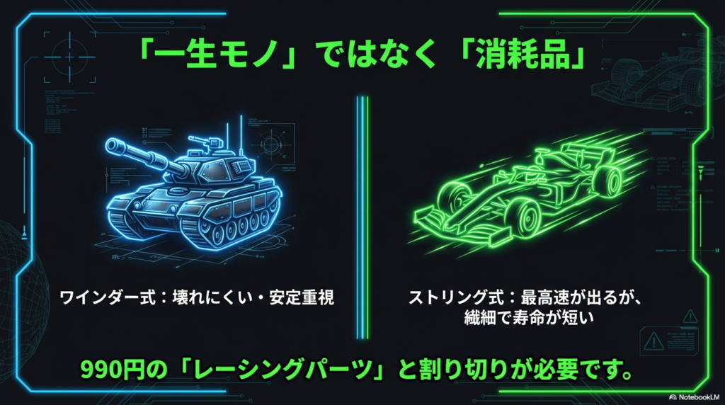 ワインダー式は壊れにくい戦車のようなものに対し、ストリング式は速いが寿命が短いレーシングパーツであるという概念図。