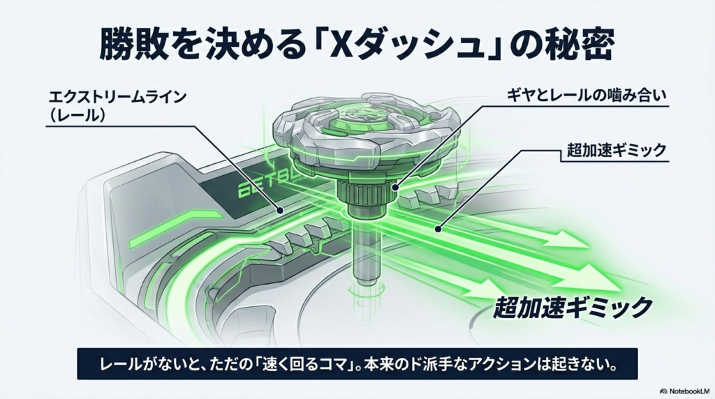 スタジアムのレールとXダッシュの仕組み エクストリームラインのレールとベイブレードのギアが噛み合い超加速するXダッシュの仕組みを解説した図です。
