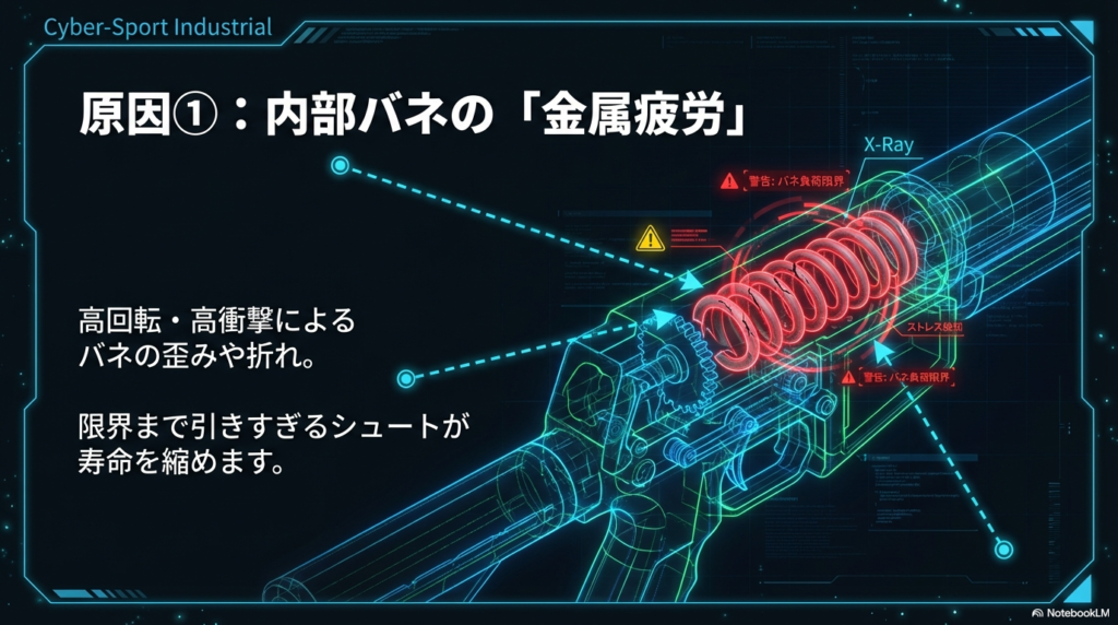 高回転と高衝撃によってランチャー内部のバネに歪みや折れが生じ、金属疲労を起こしている様子を示したX線透視イメージ。