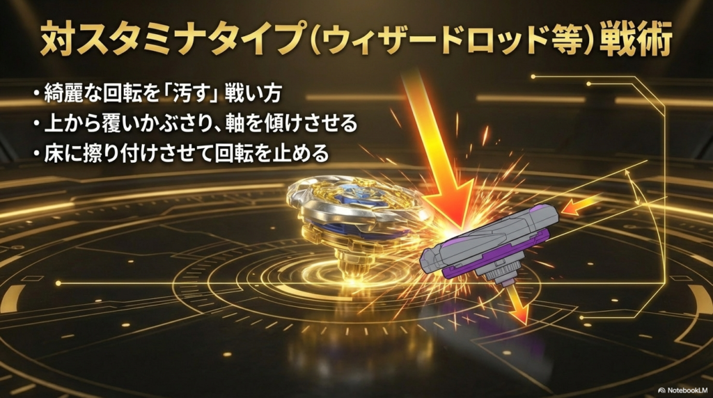 ナイトランスの対スタミナタイプ戦術 ウィザードロッドなどの長く回り続けるコマに対して、上から覆いかぶさって軸を傾けさせ、相手のきれいな回転を崩して床に擦り付けさせる戦術を解説しています。