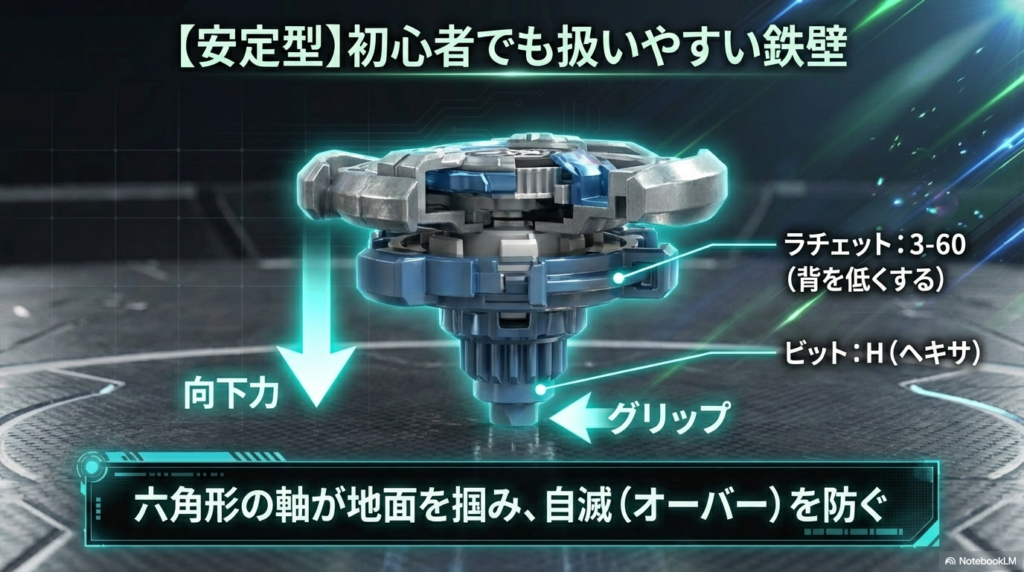 初心者向けナイトランス安定型カスタム 初心者でも扱いやすい鉄壁の構成として、背を低くするラチェット3-60と、地面を掴んで自滅を防ぐ六角形のビット(ヘキサ)を組み合わせた改造を紹介しています。