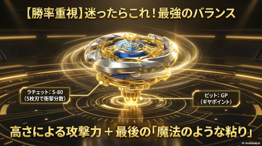 勝率重視のナイトランス最強バランスカスタム 衝撃を分散させるラチェット5-80と、最後の粘りを生み出すビット(ギヤポイント)による、勝率を重視した最強のバランスカスタムを説明しています。