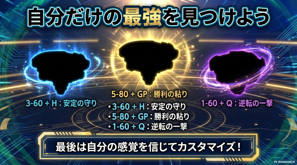 ナイトランス最強カスタムのまとめ 勝利の粘り、安定の守り、逆転の一撃という3つの最強カスタムを振り返り、自分の感覚を信じてカスタマイズを見つけようと促すまとめのスライドです。