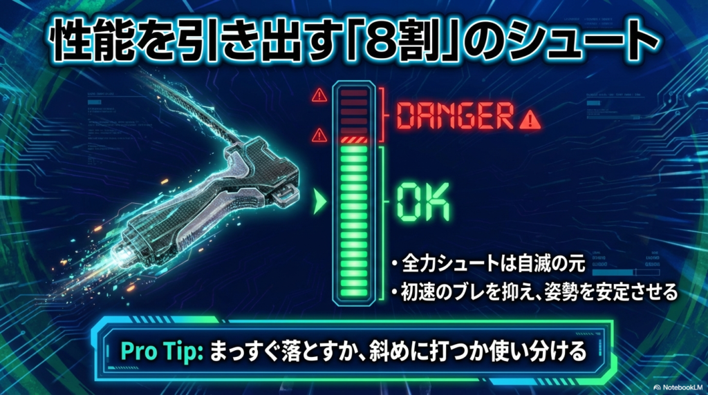 ナイトランスの性能を引き出すシュートのコツ ナイトランスを回す際は自滅を防ぐために全力ではなく8割程度の力でシュートし、初速のブレを抑えて姿勢を安定させるコツを図解しています。