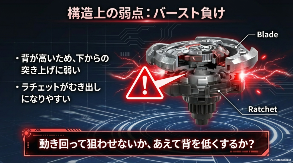 ナイトランスの構造上の弱点 ナイトランスは背が高いため下からの突き上げ攻撃に弱く、部品がむき出しになってバースト負けしやすいという構造上の弱点を図解しています。